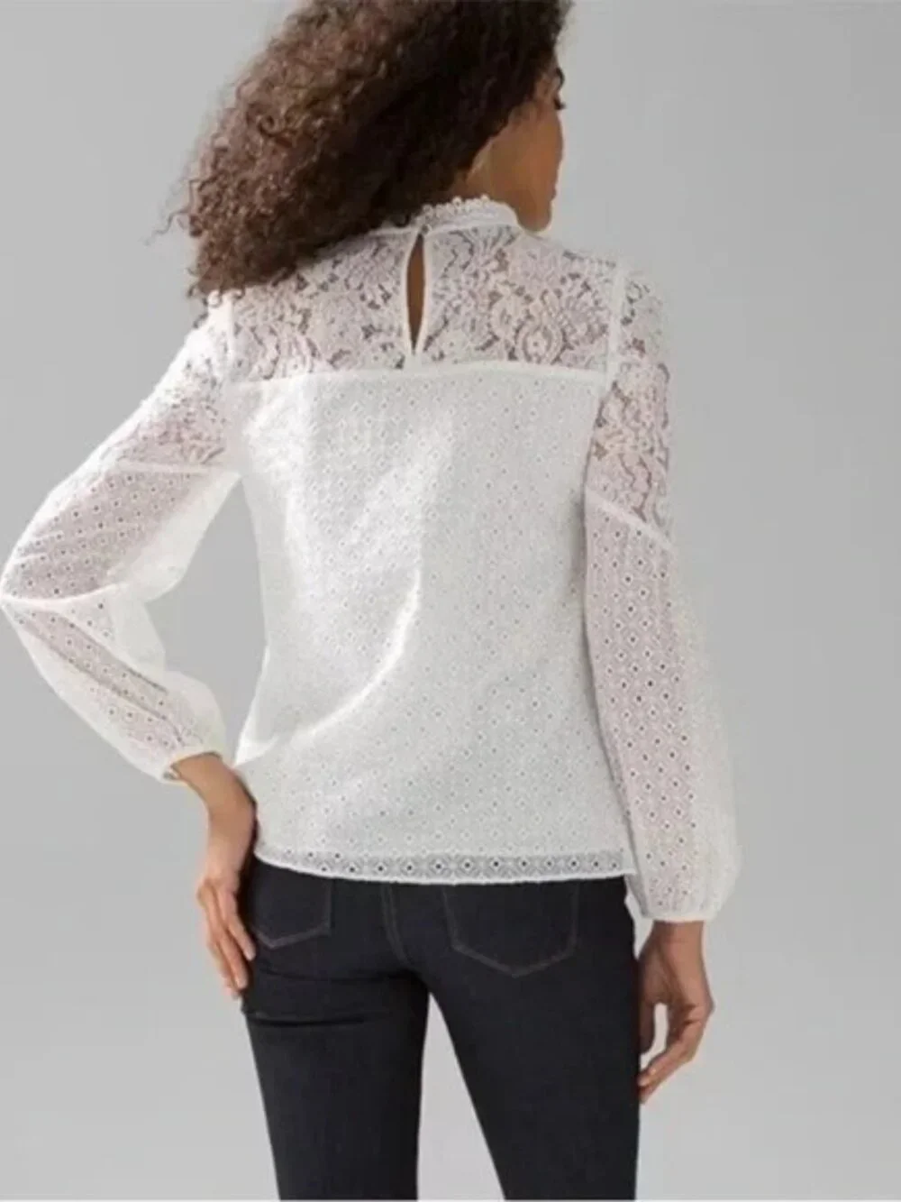 White House Black Market Lace Blouse sz 12 Mock Neck Ruffle Feminine Top - Picture 2 of 10